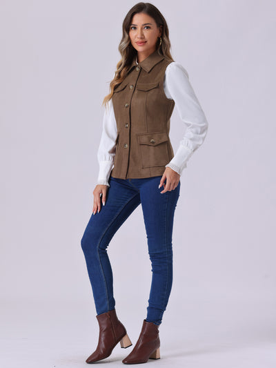 Faux Suede Vest Utility Buttoned Sleeveless Jacket with Cargo Pocket