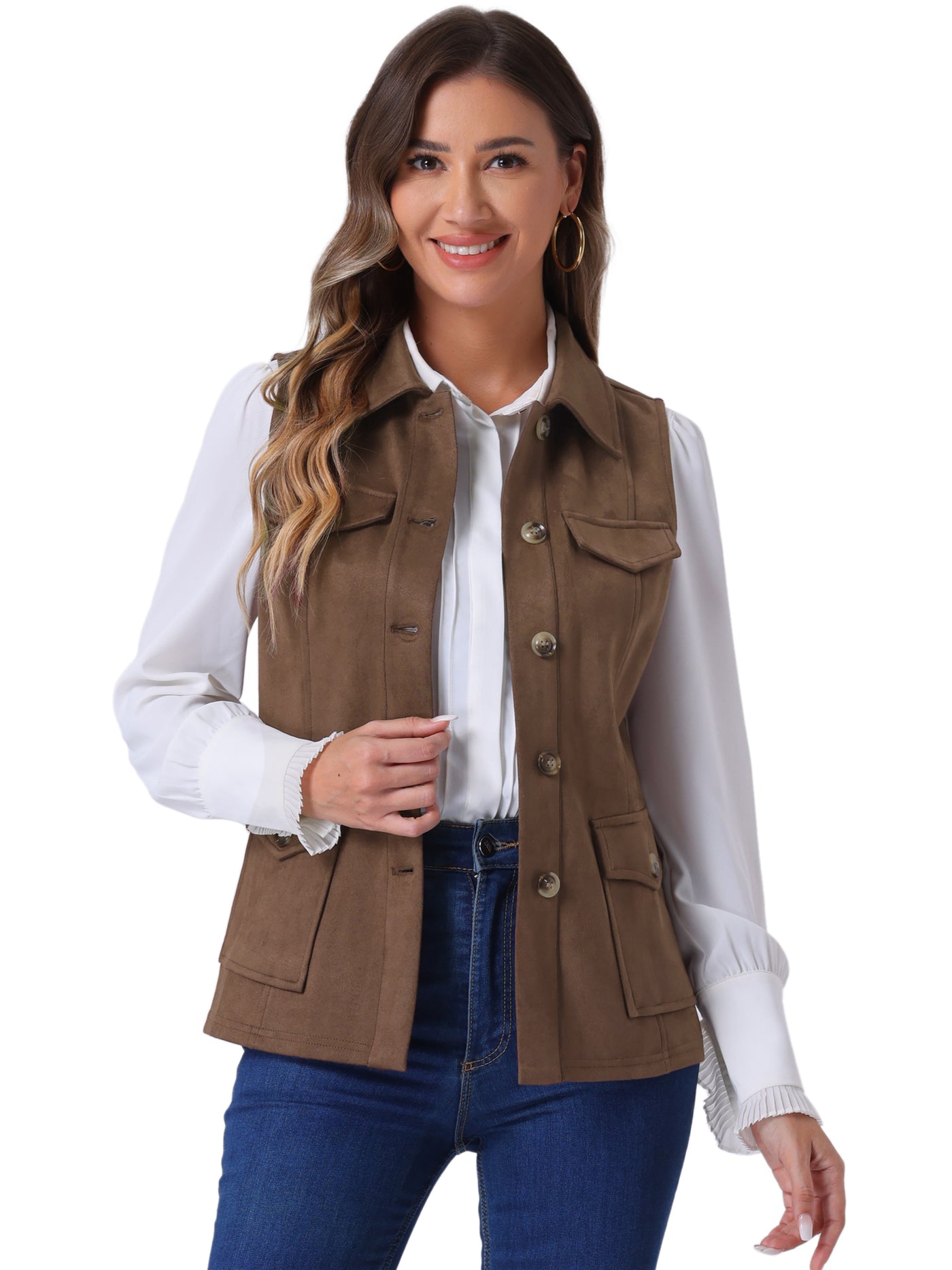 Allegra K Faux Suede Vest Utility Buttoned Sleeveless Jacket with Cargo Pocket