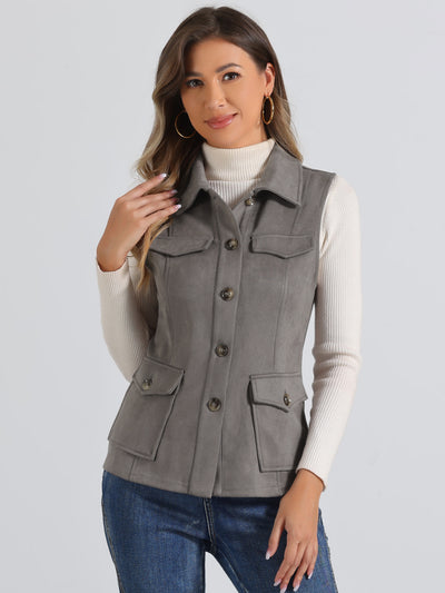 Faux Suede Vest Utility Buttoned Sleeveless Jacket with Cargo Pocket