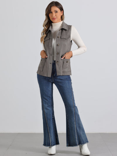 Faux Suede Vest Utility Buttoned Sleeveless Jacket with Cargo Pocket