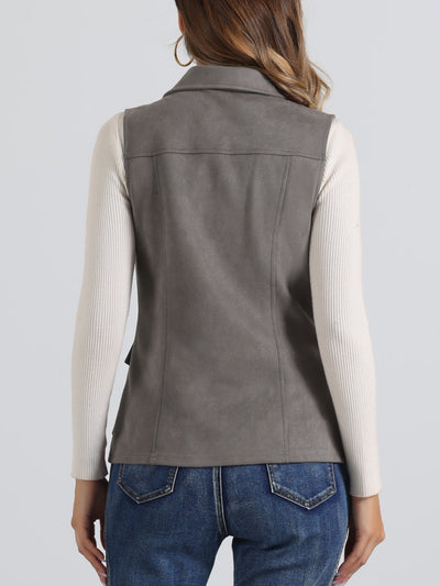 Faux Suede Vest Utility Buttoned Sleeveless Jacket with Cargo Pocket