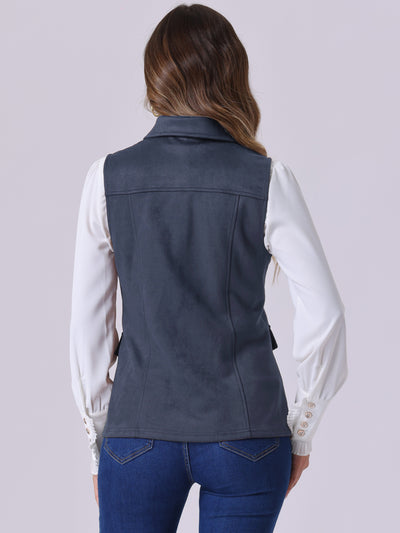 Faux Suede Vest Utility Buttoned Sleeveless Jacket with Cargo Pocket