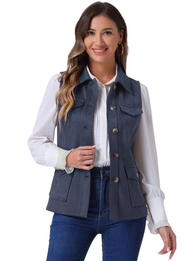 Faux Suede Vest Utility Buttoned Sleeveless Jacket with Cargo Pocket