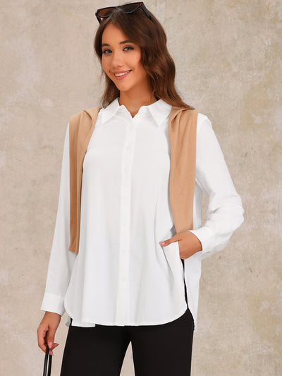 Button Down Collared Side Slit Long Sleeve Blouse