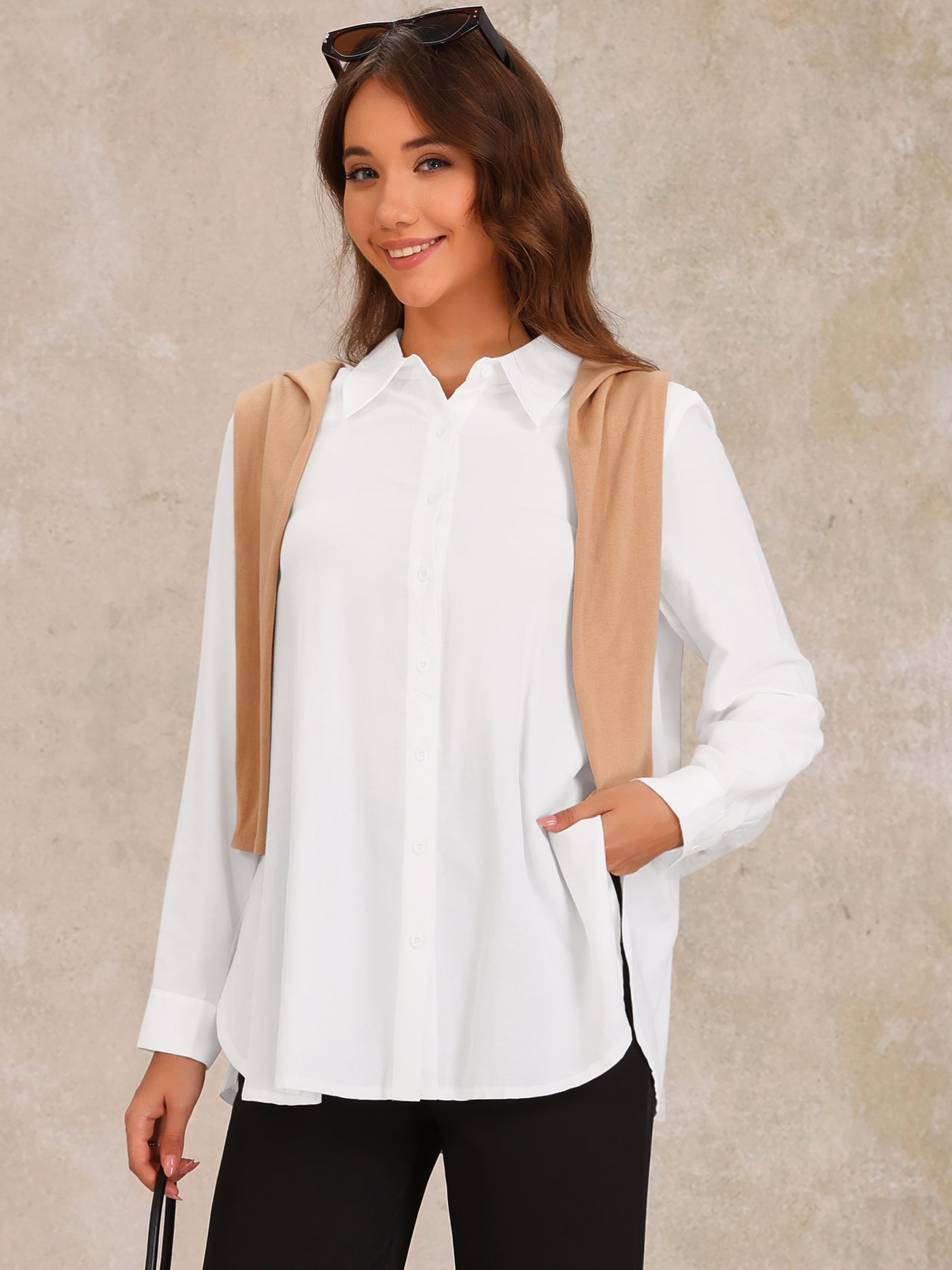 Allegra K Button Down Collared Side Slit Long Sleeve Blouse