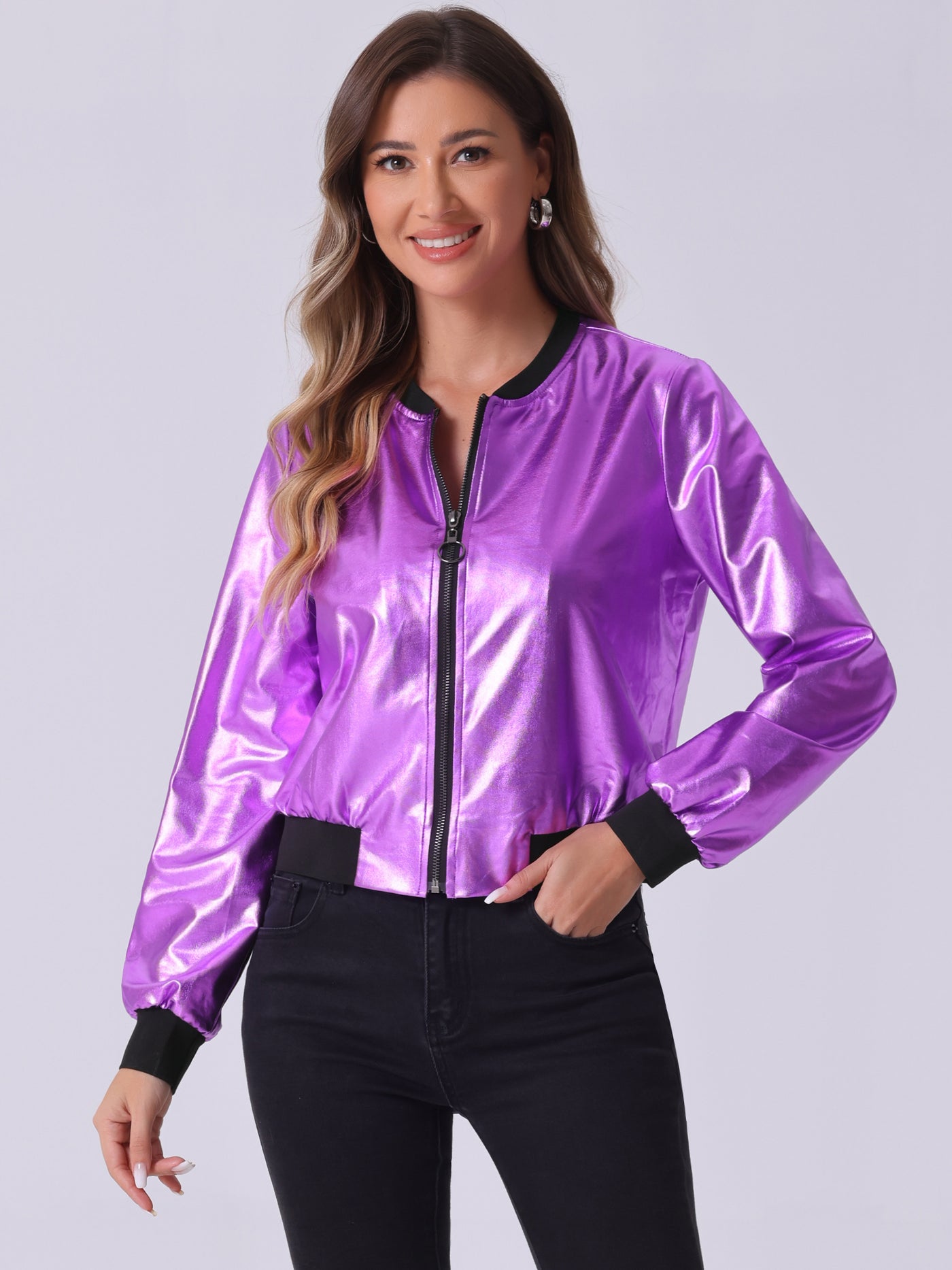 Allegra K Lightweight Holographic Shimmering Metallic Bomber Jacket