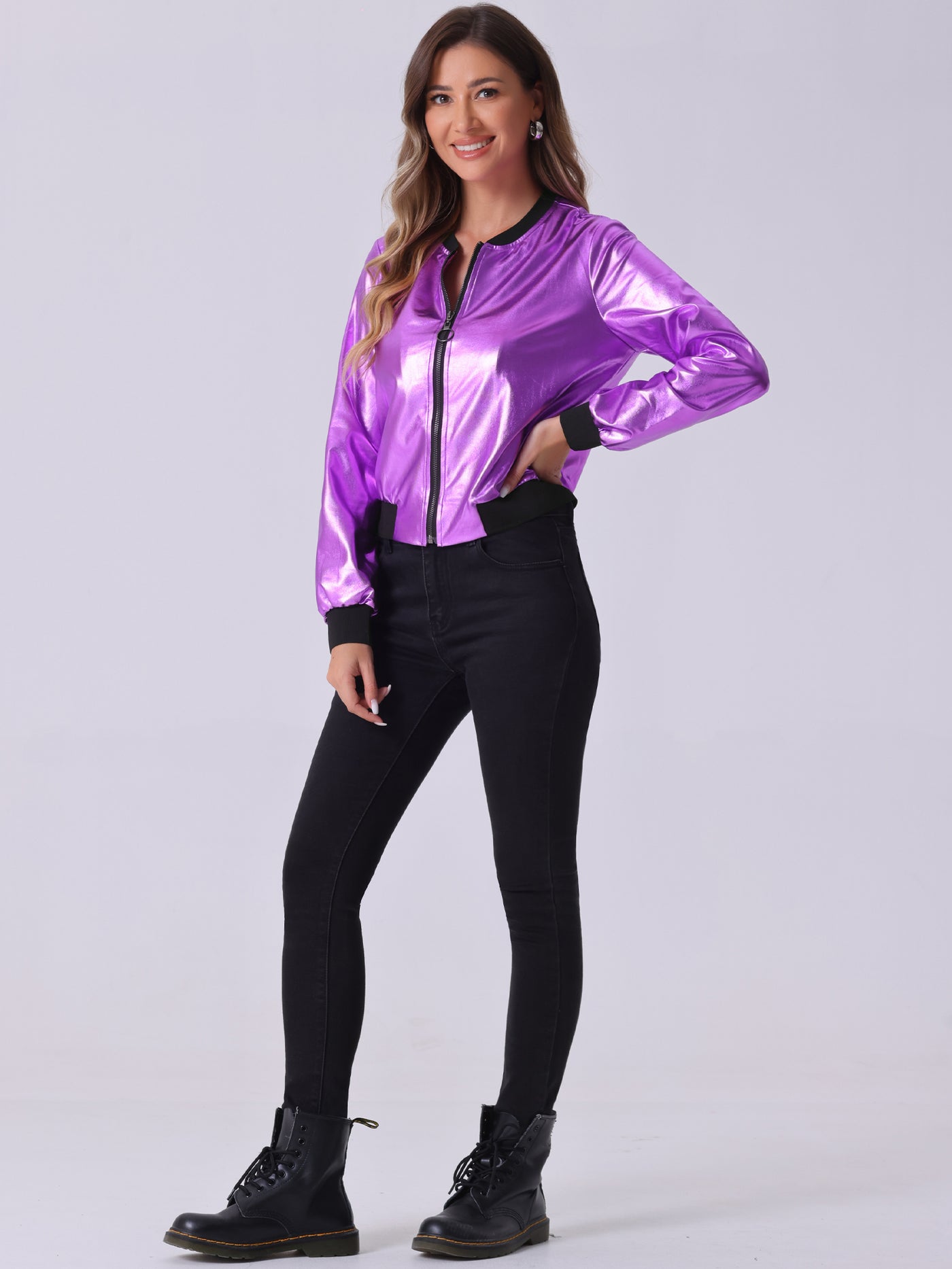 Allegra K Lightweight Holographic Shimmering Metallic Bomber Jacket