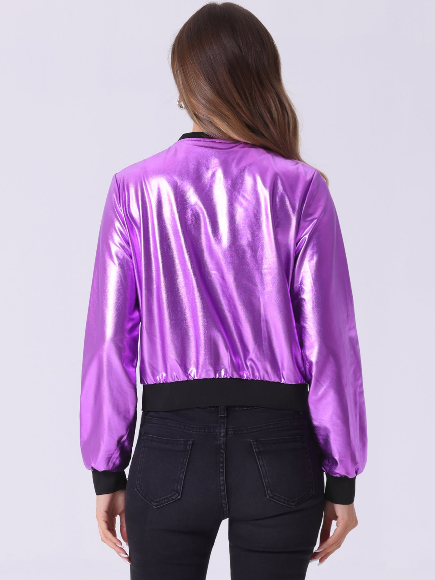 Allegra K Lightweight Holographic Shimmering Metallic Bomber Jacket