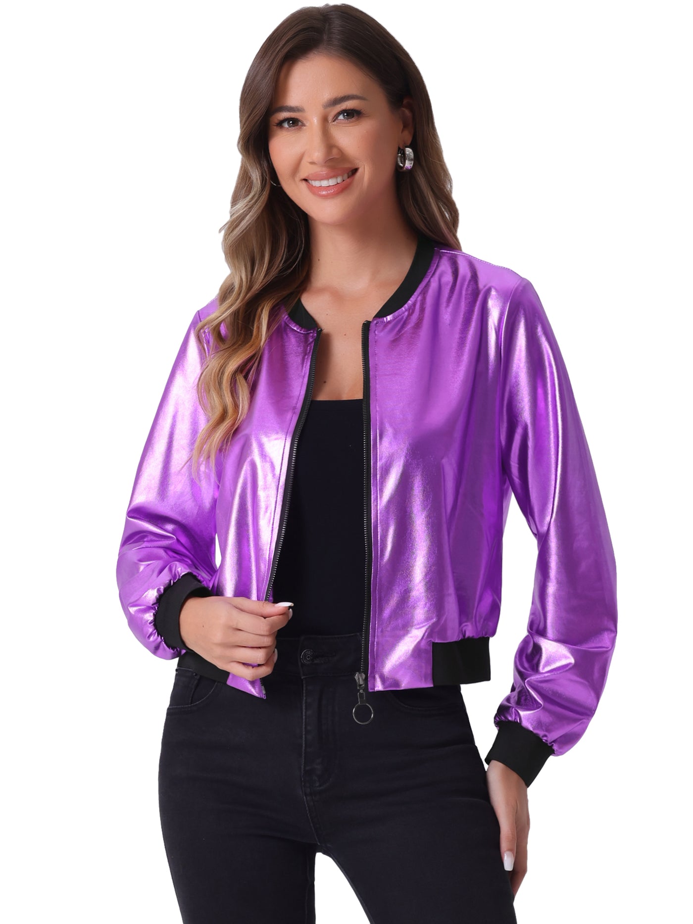 Allegra K Lightweight Holographic Shimmering Metallic Bomber Jacket