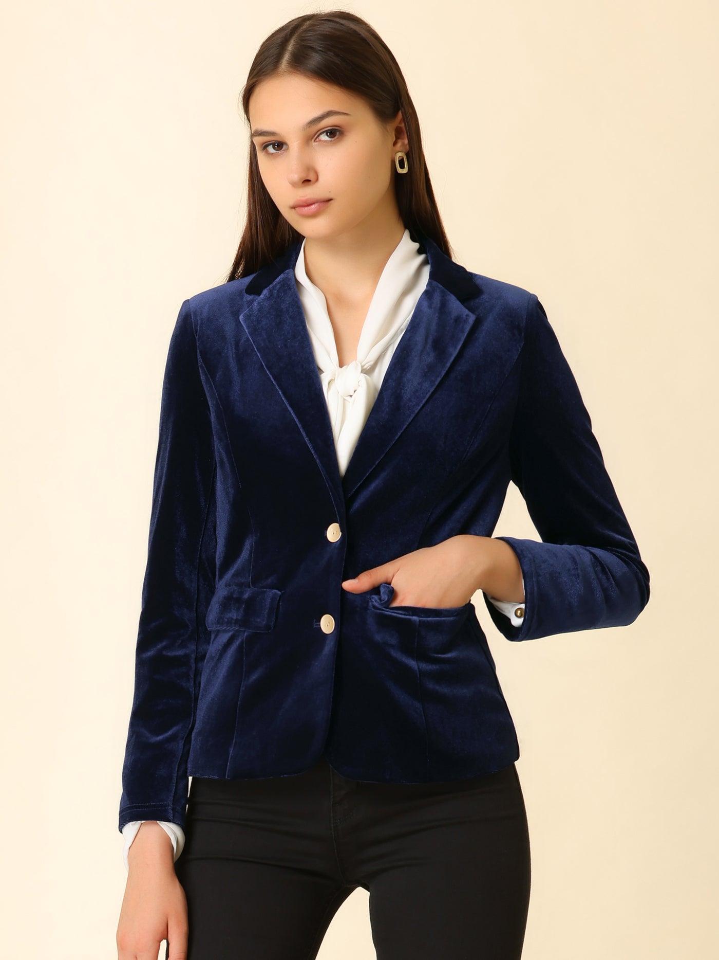 Allegra K Notched Lapel Vintage Office Button Front Velvet Blazer