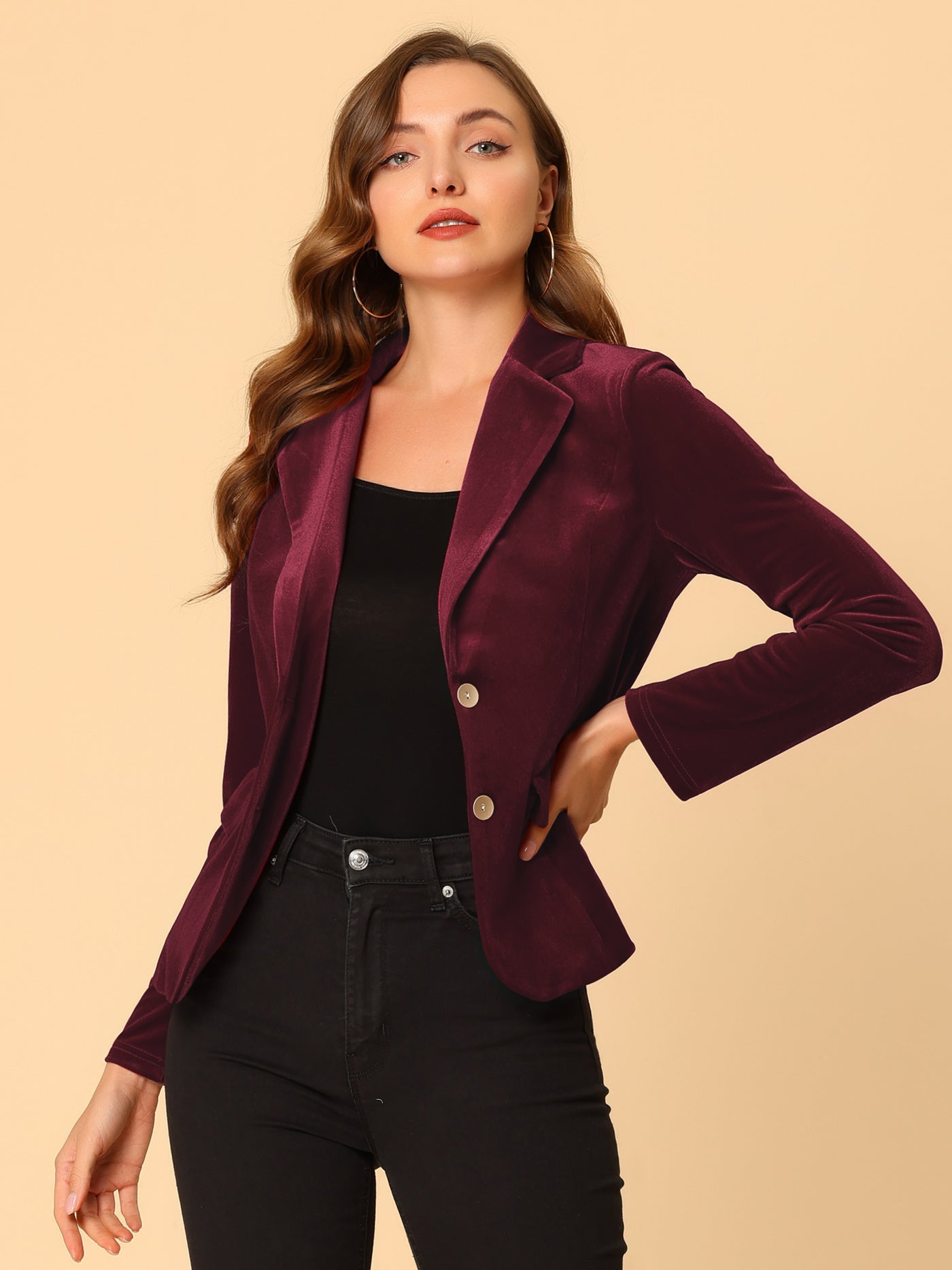 Allegra K Notched Lapel Vintage Office Button Front Velvet Blazer