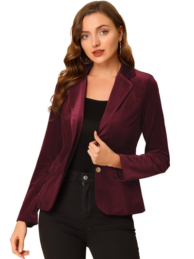 Notched Lapel Vintage Office Button Front Velvet Blazer