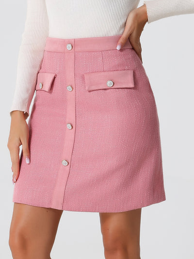 Plaid Tweed Contrast Color Button Decor Business Casual Mini Skirt