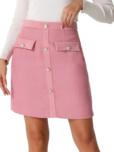 Plaid Tweed Contrast Color Button Decor Business Casual Mini Skirt