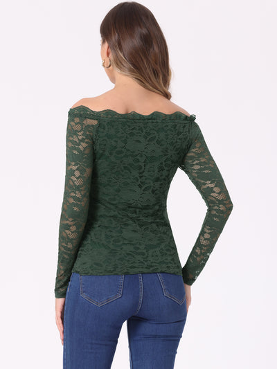 Off Shoulder Floral Lace Top Sheer Long Sleeves Casual Blouse