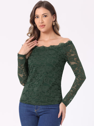 Off Shoulder Floral Lace Top Sheer Long Sleeves Casual Blouse