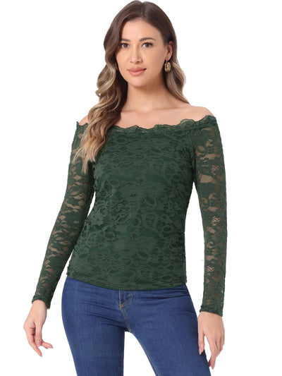 Off Shoulder Floral Lace Top Sheer Long Sleeves Casual Blouse