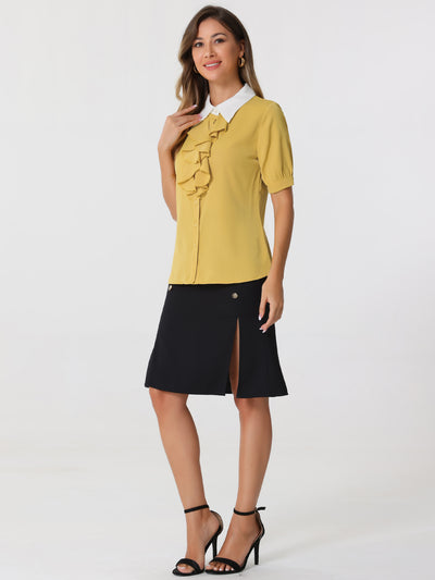 Contrast Collar Tie Ruffle Front Button Short Sleeve Work Shirt