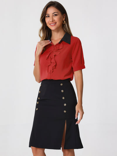 Contrast Collar Tie Ruffle Front Button Short Sleeve Work Shirt