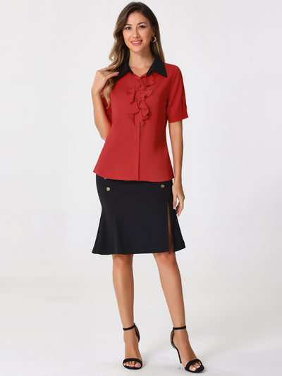 Contrast Collar Tie Ruffle Front Button Short Sleeve Work Shirt