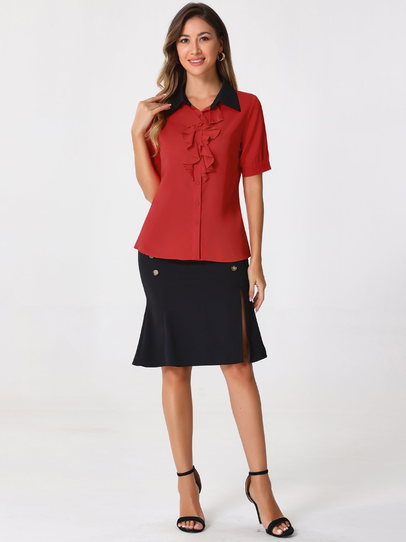 Allegra K Contrast Collar Tie Ruffle Front Button Short Sleeve Work Shirt