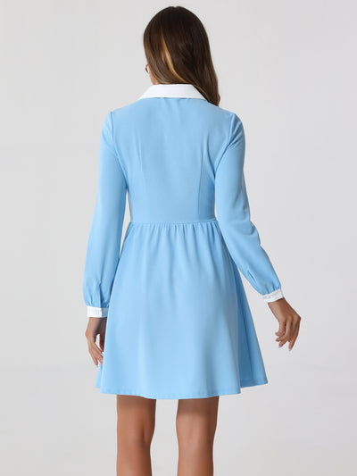 Contrast Color Puff Long Sleeve Collared Flare Short Dress