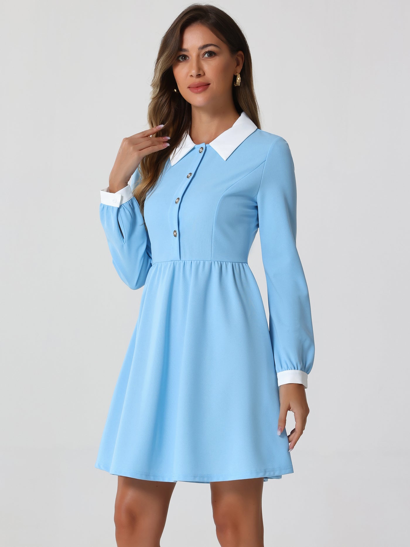 Allegra K Contrast Color Puff Long Sleeve Collared Flare Short Dress