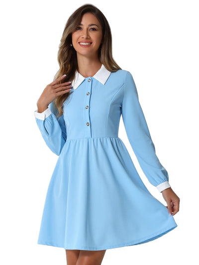 Contrast Color Puff Long Sleeve Collared Flare Short Dress