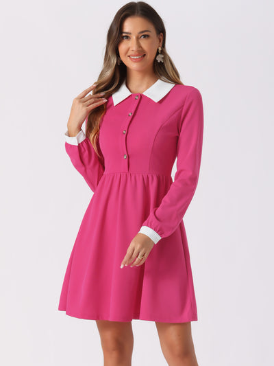 Contrast Color Puff Long Sleeve Collared Flare Short Dress