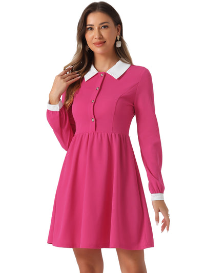 Contrast Color Puff Long Sleeve Collared Flare Short Dress