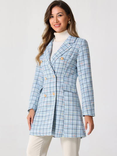 Lapel Collar Elegant Double Breasted Plaid Tweed Blazer Coat