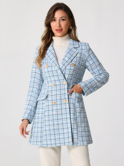 Lapel Collar Elegant Double Breasted Plaid Tweed Blazer Coat