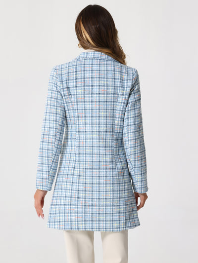 Lapel Collar Elegant Double Breasted Plaid Tweed Blazer Coat