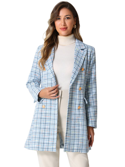 Lapel Collar Elegant Double Breasted Plaid Tweed Blazer Coat