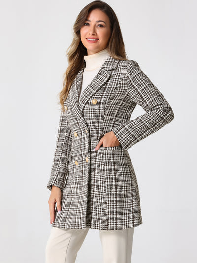 Lapel Collar Elegant Double Breasted Plaid Tweed Blazer Coat