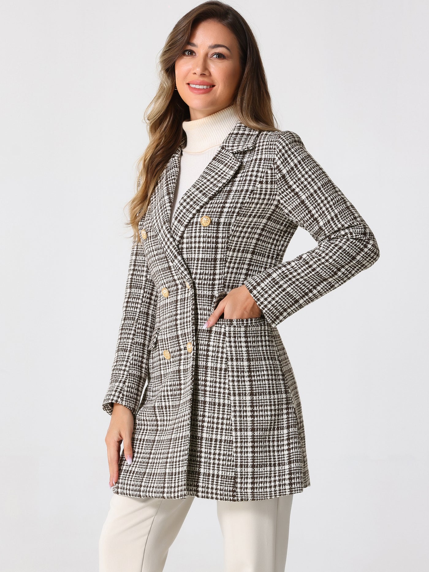 Allegra K Lapel Collar Elegant Double Breasted Plaid Tweed Blazer Coat