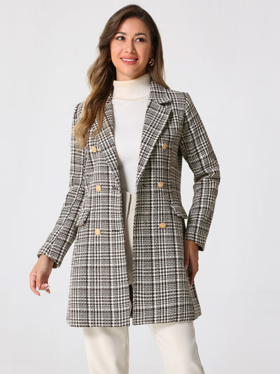 Lapel Collar Elegant Double Breasted Plaid Tweed Blazer Coat