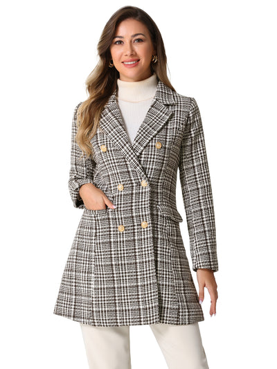 Lapel Collar Elegant Double Breasted Plaid Tweed Blazer Coat