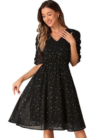 Metallic Stars Ruched Sleeve V Neck A-line Chiffon Dress