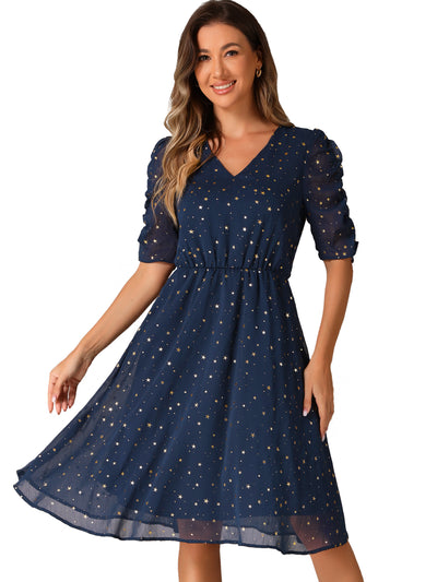 Metallic Stars Ruched Sleeve V Neck A-line Chiffon Dress