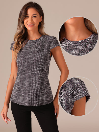 Tweed Round Neck Cap Sleeve Casual Blouse