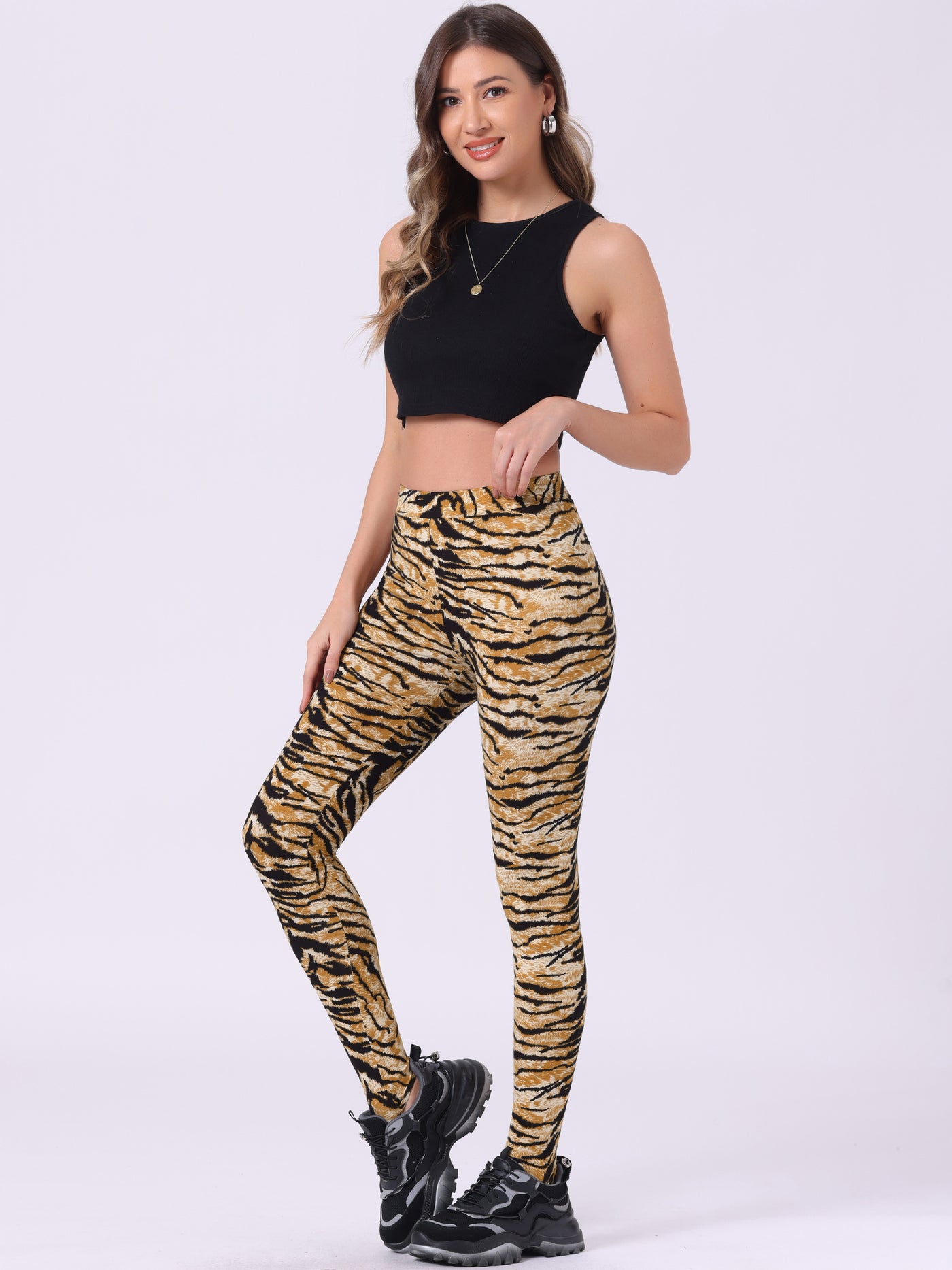 Allegra K Animal Printed Elastic Waistband Yoga Leggings Stirrup Pants