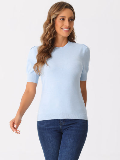 Crew Neck Lantern Short Sleeve Casual Ribbed Knit Top Blouse