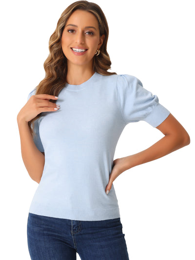 Crew Neck Lantern Short Sleeve Casual Ribbed Knit Top Blouse