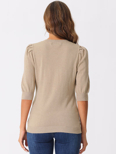 V Neck Puff Sleeve Solid Color Casual Knitted Blouse