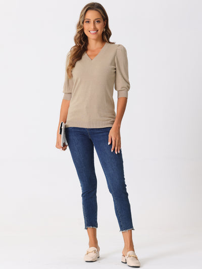 V Neck Puff Sleeve Solid Color Casual Knitted Blouse