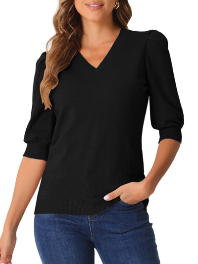 V Neck Puff Sleeve Solid Color Casual Knitted Blouse