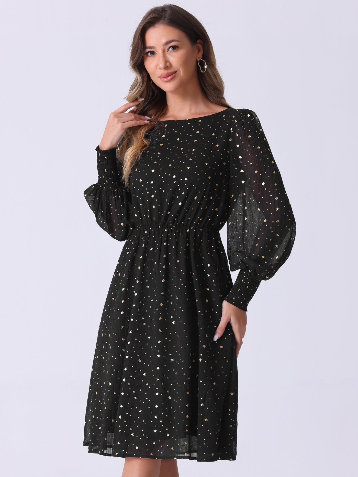 Allegra K Puff Long Sleeve Metallic Stars Boat Neck Pockets Mesh Midi Dress