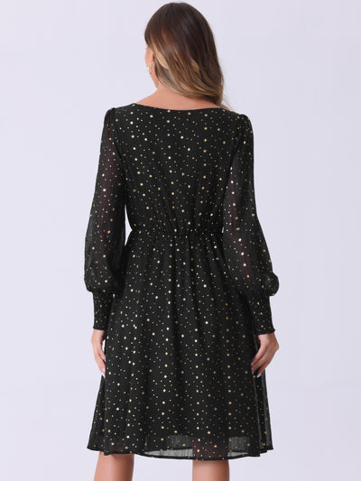 Puff Long Sleeve Metallic Stars Boat Neck Pockets Mesh Midi Dress