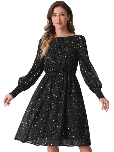 Puff Long Sleeve Metallic Stars Boat Neck Pockets Mesh Midi Dress